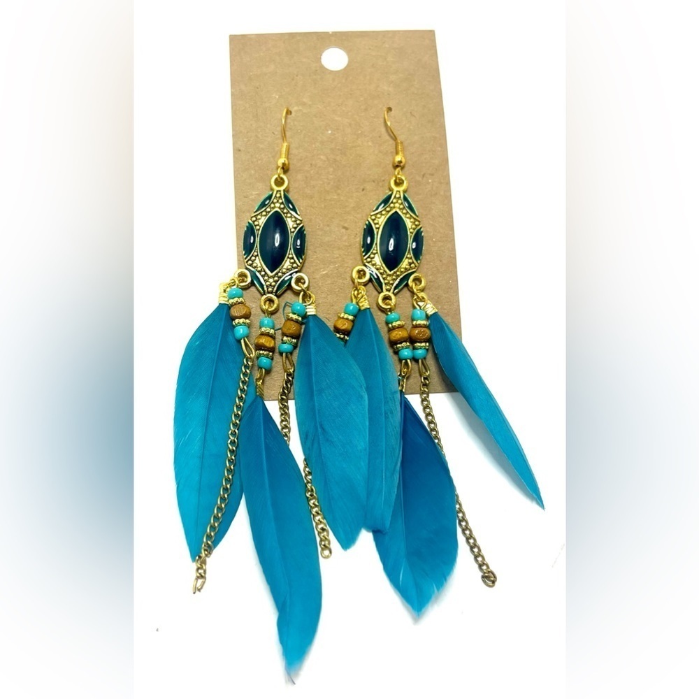 NEW! Y2K Boho Feather Dangle Earrings with Chains, Beads, and Enamel Details - Picture 2 of 3